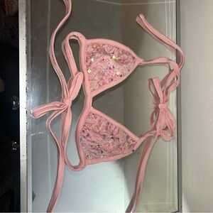 Sequin Embellished Sequins Velvet Pink Bralette Bikini Top